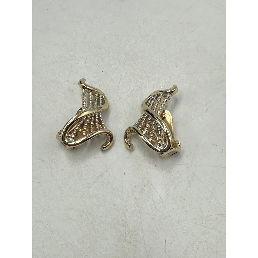 Vintage Two Tone Gold Silver Swirl Abstract Clip On Earrings Ribbed Textured